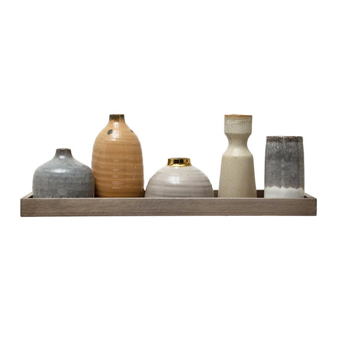 Mango Wood Tray w/ 1 Taper Holder & 4 Vases, Set of 6 (Each One Will Vary)