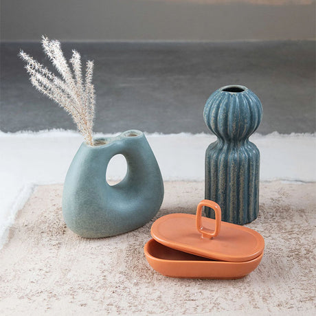 Matte Teal Terracotta Vase with Two Openings