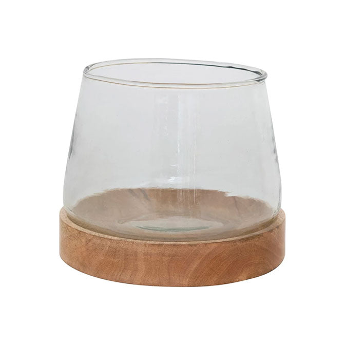 8" Glass Hurricane/Vase with Mango Wood Base