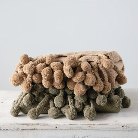 Iced Coffee Cotton Throw with Braided Pom Poms