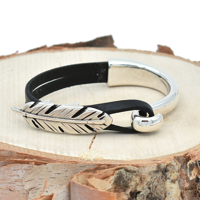 Feather Half Cuff Black Leather Bracelet