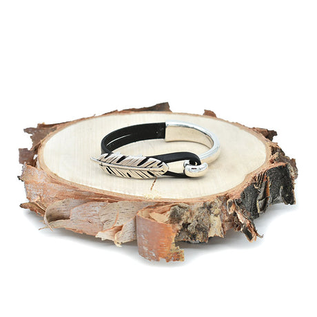 Feather Half Cuff Black Leather Bracelet