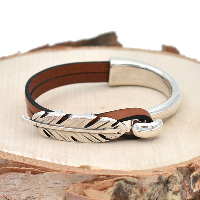 Feather Half Cuff Brown Leather Bracelet