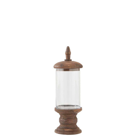 Glass Cylinder Container w/Brown Wood Base Pedestal & Top