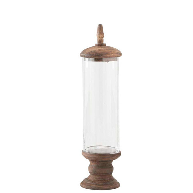 Glass Cylinder Container w/Brown Wood Base Pedestal & Top