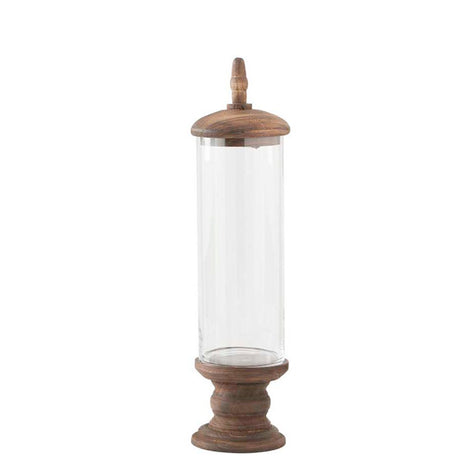 Glass Cylinder Container w/Brown Wood Base Pedestal & Top