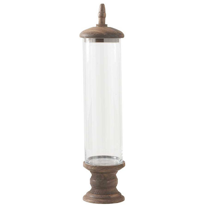 Glass Cylinder Container w/Brown Wood Base Pedestal & Top