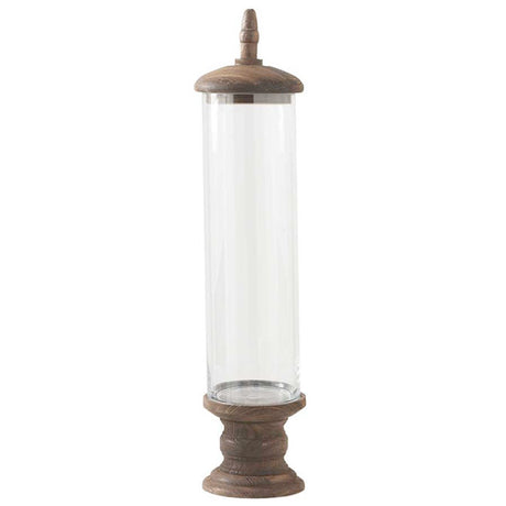 Glass Cylinder Container w/Brown Wood Base Pedestal & Top