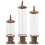 Glass Cylinder Container w/Brown Wood Base Pedestal & Top