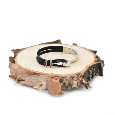 Horseshoe Half Cuff Black Leather Bracelet