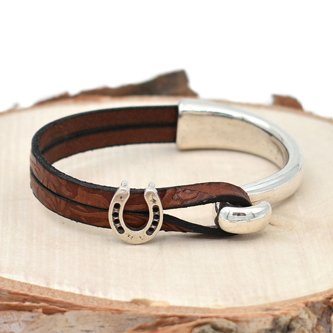 Horseshoe Half Cuff Brown Leather Bracelet
