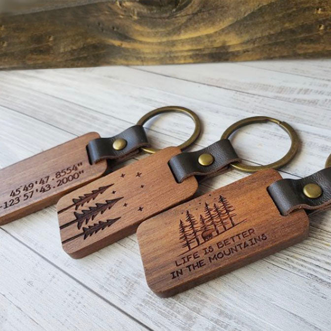 "The Woods" Wood & Leather Keychain