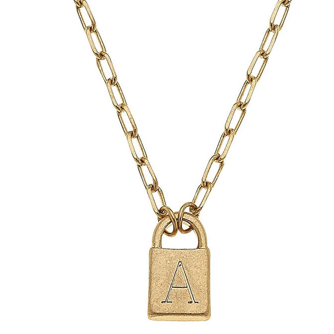 Kinsley Padlock Initial Necklace in Worn Gold