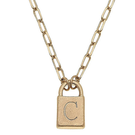 Kinsley Padlock Initial Necklace in Worn Gold