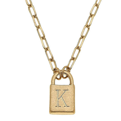 Kinsley Padlock Initial Necklace in Worn Gold