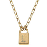 Kinsley Padlock Initial Necklace in Worn Gold