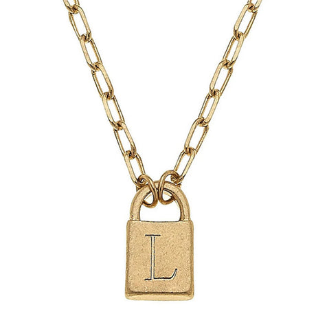Kinsley Padlock Initial Necklace in Worn Gold