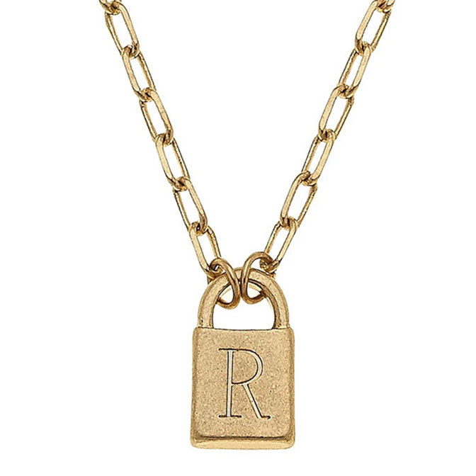 Kinsley Padlock Initial Necklace in Worn Gold