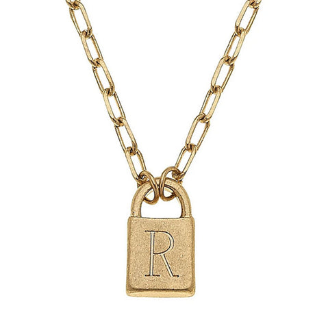 Kinsley Padlock Initial Necklace in Worn Gold