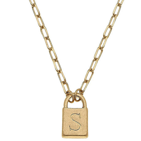 Kinsley Padlock Initial Necklace in Worn Gold
