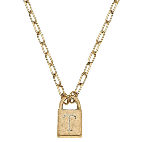 Kinsley Padlock Initial Necklace in Worn Gold
