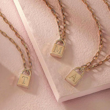 Kinsley Padlock Initial Necklace in Worn Gold