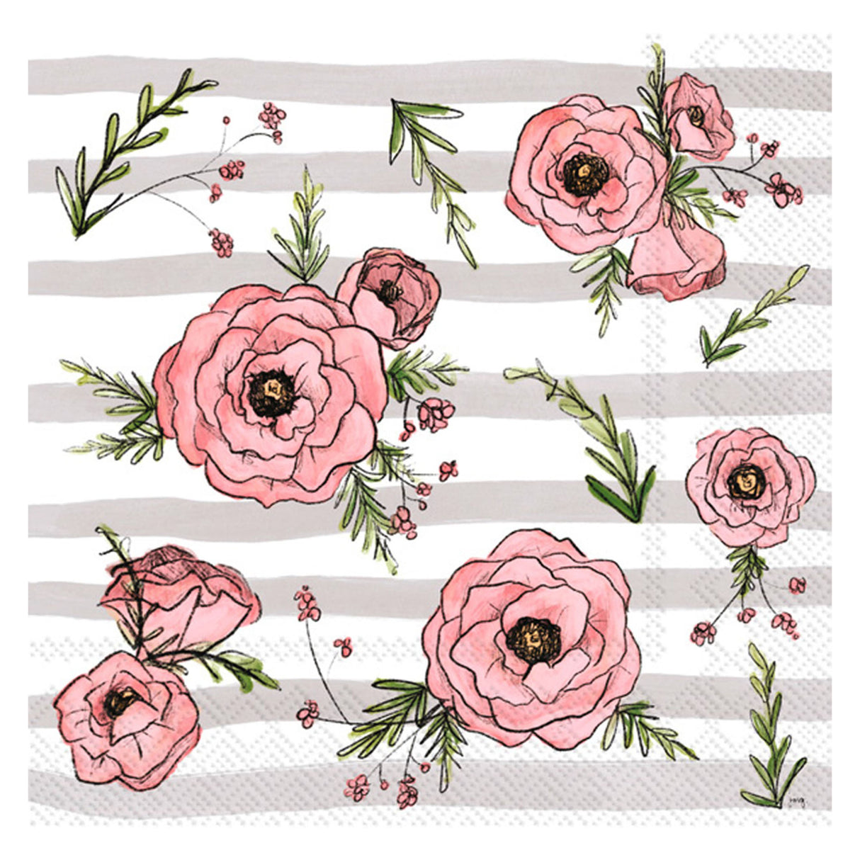 Peonies & Stripes Cocktail Napkin Grey