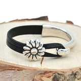 Sunflower Half Cuff Black Leather Bracelet