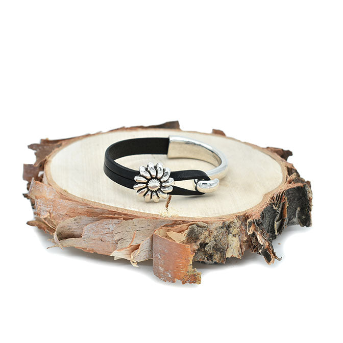 Sunflower Half Cuff Black Leather Bracelet