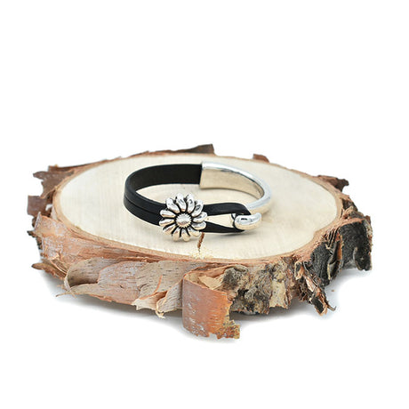 Sunflower Half Cuff Black Leather Bracelet