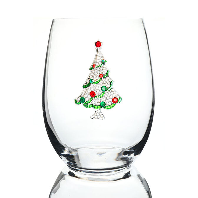 Christmas Tree Jeweled Stemless Wine Glass
