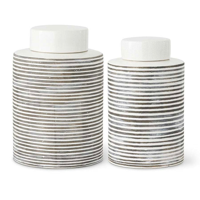 White Crackle with Gray Striped Lidded Ceramic Jars