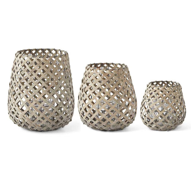 Woven Wood Table Lanterns with Glass Hurricanes