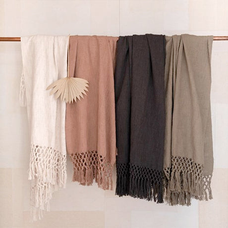 Olive Woven Cotton Throw with Crochet & Fringe